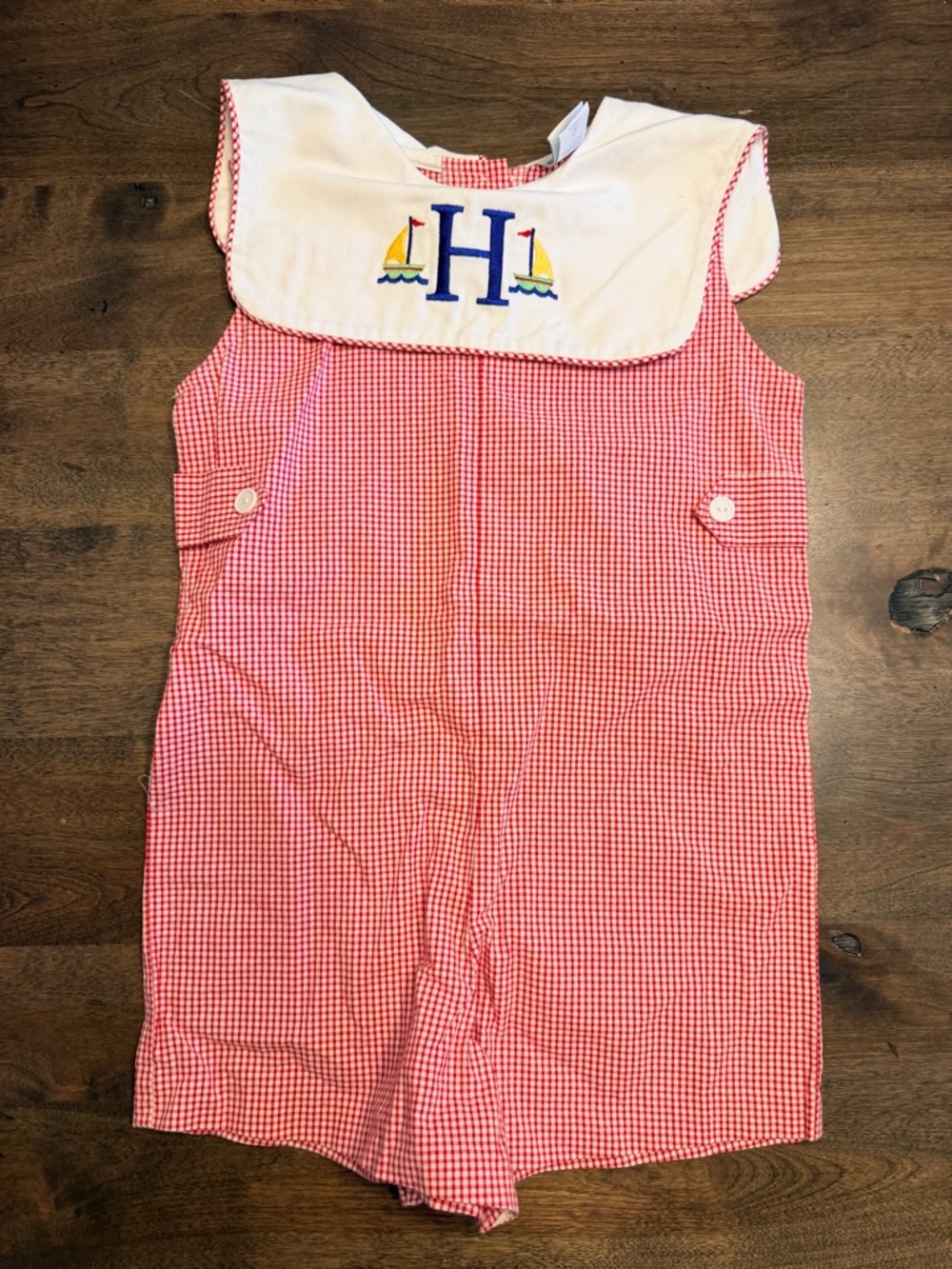 Monogram H Red Gingham Sailboat Embroidered Smocked Romper Short John 4T